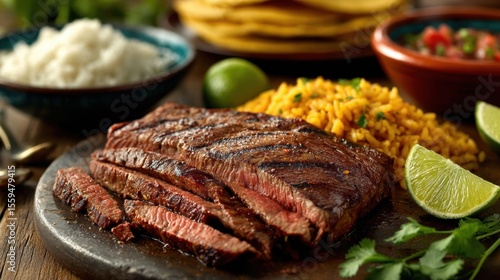 Juicy grilled steak sliced on a dark plate with vibrant side dishes including rice beans and vegetables, garnished with lime, ready for a delicious meal
