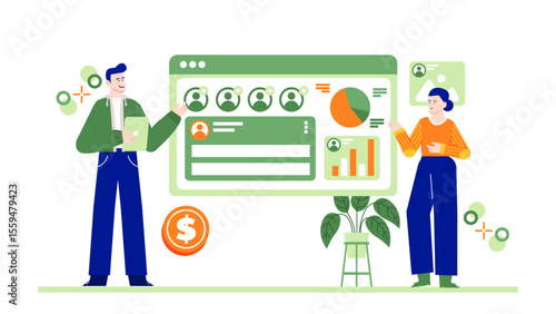 Ideal for presentations or financial marketing material. Two individuals discussing business data and charts in an office setting.