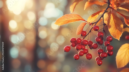 Red viburnum berries on branch in garden in autumn