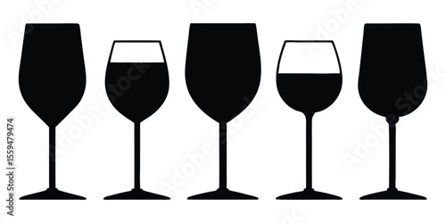 Wine glass silhouettes collection, wine glass icon vector set, glasses silhouettes