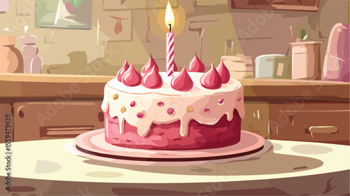 Joyful Birthday Party Cake with Candle Vector Illustration