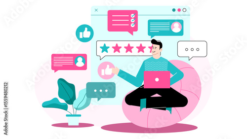 A man happily reads positive online reviews on his laptop. Suitable for marketing, technology, productivity, and online reputation concepts.