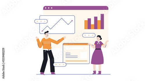 Two people discussing data with graphs. Suitability business presentations, financial reports, teamwork concepts, corporate collaboration, data analysis discussions.