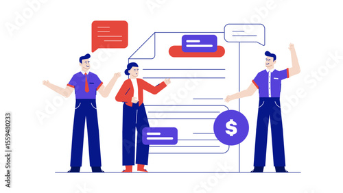Three colleagues reviewing profit in a financial document, suitable for business presentations, finance blog illustrations, and corporate marketing materials.