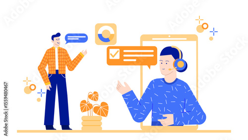 Online customer service via video chat. Professionals communicating with clients. Suitable for business websites, customer service platforms, virtual consultations, and technology blogs.