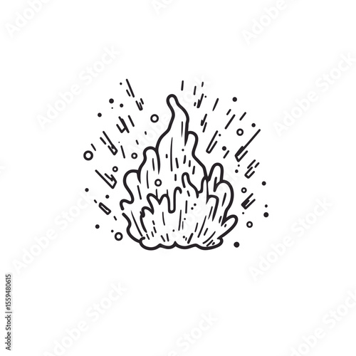 Handdrawn Fire Black Outline Illustration. Fire Doodle on Transparent Background