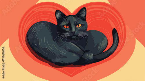Black Cat on Heart Flat Vector Illustration