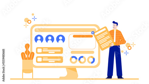 Man adding data to a websites user interface. Suitable for technology, web development, data entry concepts for blogs, articles, presentations.