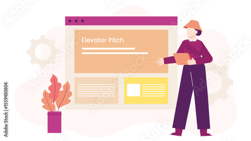 Illustration of person giving elevator pitch webpage. Suitable for business presentations, marketing materials, websites, and entrepreneurial content creation. Elevator pitch concept.
