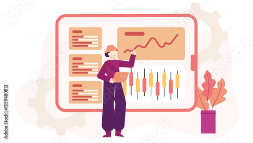 Woman presenting financial data on a large tablet, suitable for technology blogs, finance reports, business presentations, and digital marketing.