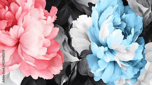Vibrant Pink and Blue Peonies Floral Art Print