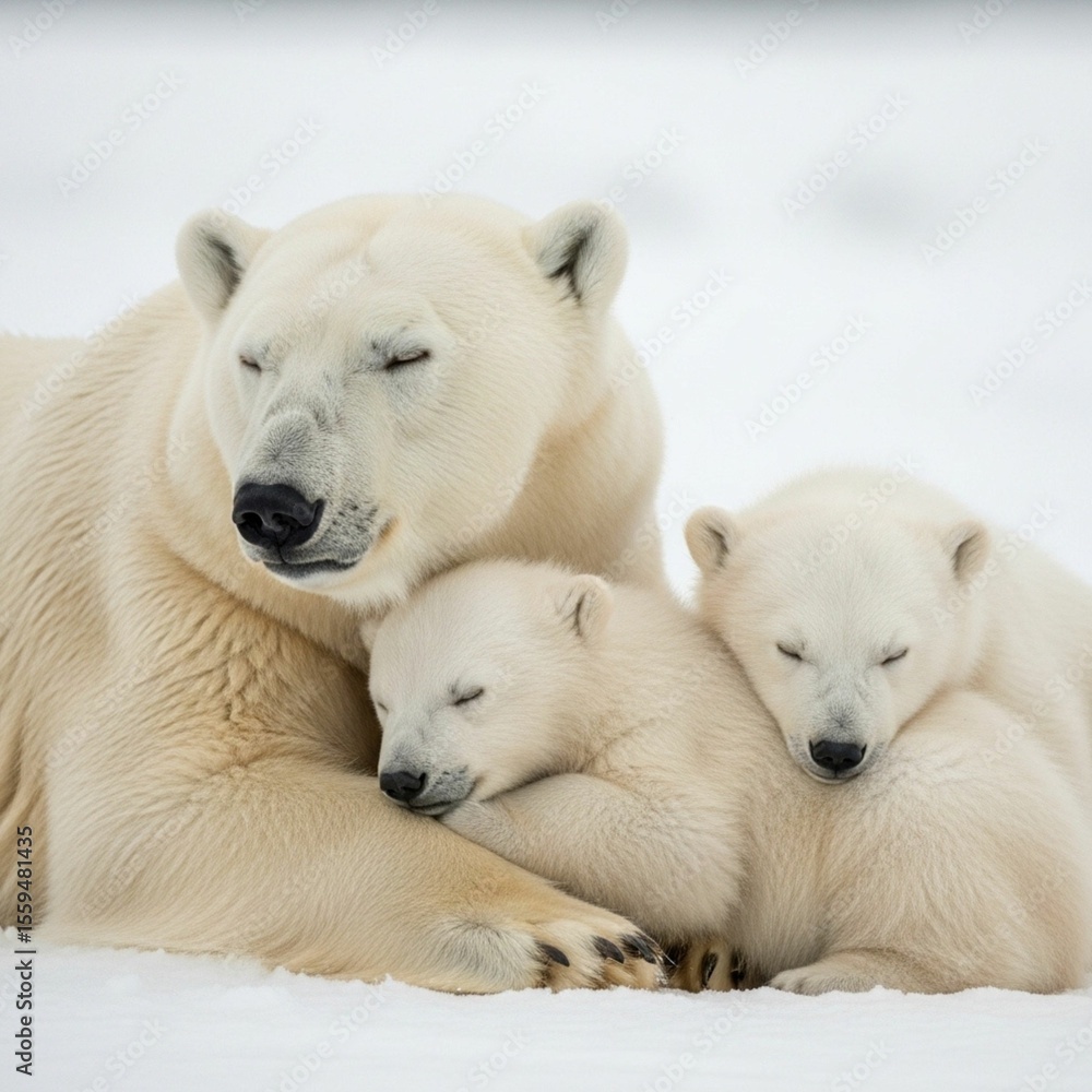 Fototapeta premium Polar Bear Cubs Dreamily Resting with Mother