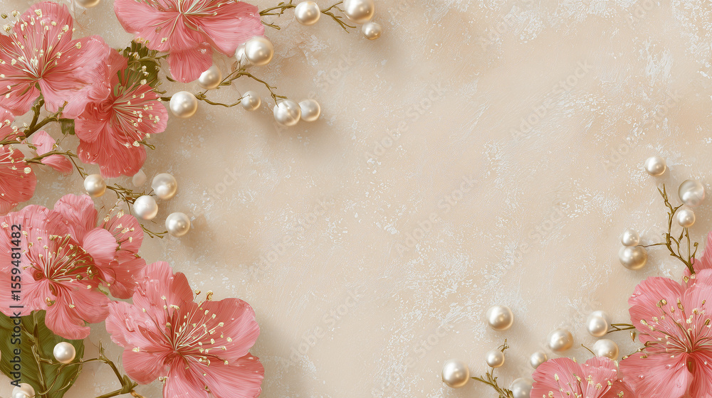 Fototapeta premium Cute background wallpaper with pink flowers and pearls