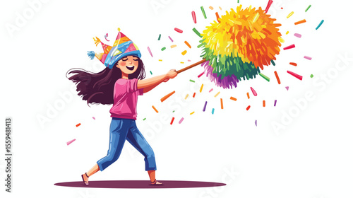 Blindfold Girl Hitting Pinata Flat Vector Illustration