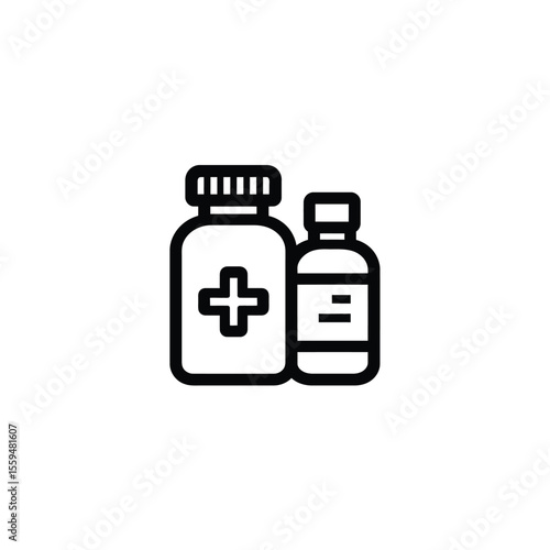 Line Art Icon Two Medicine Bottles, One with a Cross, Black Outline