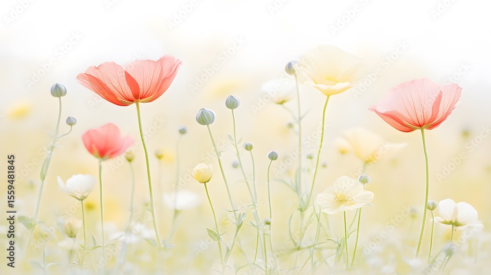 Fototapeta premium Pastel Poppies and Flowers Meadow Soft Spring Bloom