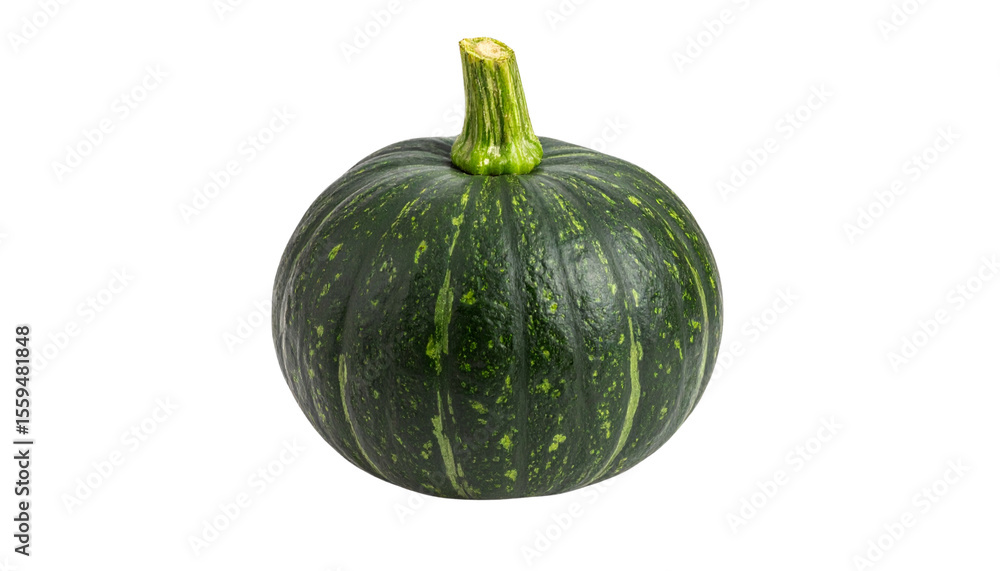 A green round and slightly ridged vegetable. resembling a squash or pumpkin. with a green stem on top its smooth skin has some imperfections. suggesting it is a natural product this could Isolated A green round and slightly ridged vegetable. resembling a squash or pumpkin. with a green stem on top its smooth skin has some imperfections. suggesting it is a natural product this could Isolated