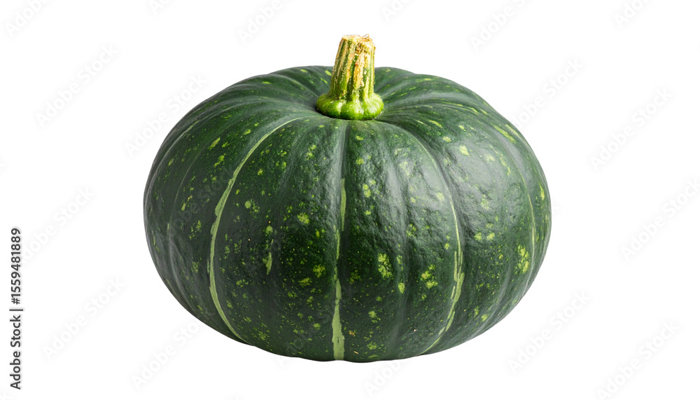 green round and slightly ridged vegetable. resembling a squash or pumpkin. with a green stem on top its smooth skin has some imperfections. suggesting it is a natural product this could Isolated green round and slightly ridged vegetable. resembling a squash or pumpkin. with a green stem on top its smooth skin has some imperfections. suggesting it is a natural product this could Isolated