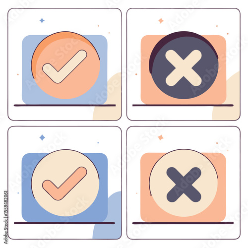 Four square grid with checkmarks and crosses in pastel colors