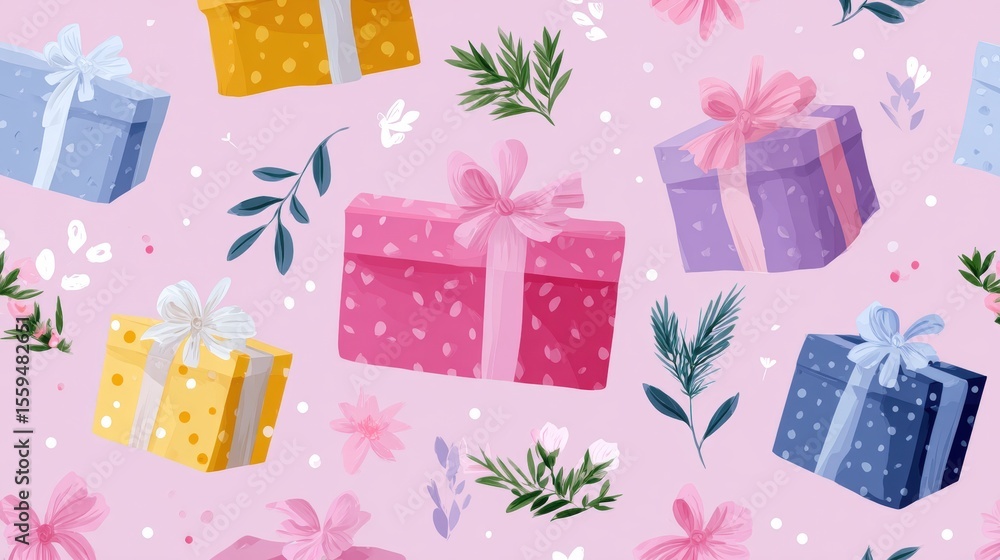 Fototapeta premium Colorful gift boxes with ribbons on a pink background, surrounded by floral elements and polka dots, creating a festive and cheerful pattern.
