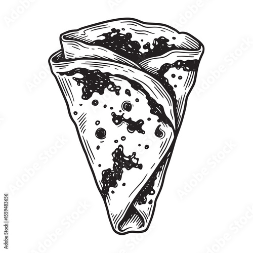 Detailed vintage art silhouette of a delicious filled crepe in a cone shape depicting a classic dessert item for culinary design and food-related projects