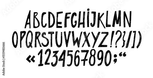 Graphic crayon drawn kids font with numbers. Vector doodle funky playful English alphabet with pencil or chalk texture.