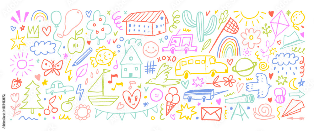 Kid cute outline doodle set. Crayon drawn vector childish illustration with naive icons. Simple cute elements, squiggles, outline car, cactus, stars, rainbow. Kid doodle lines, funky ink illustrations Kid cute outline doodle set. Crayon drawn vector childish illustration with naive icons. Simple cute elements, squiggles, outline car, cactus, stars, rainbow. Kid doodle lines, funky ink illustrations