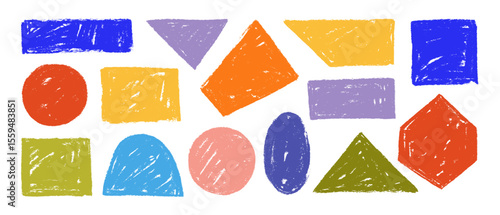 Colorful crayon drawn geometric shapes for kindergarten designs. Funky kid doodle drawings, scribble and scratch forms. Vector pencil drawn geometric figures. Vector basic shapes with rough texture.