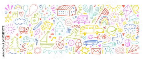 Kid cute outline doodle set. Crayon drawn vector childish illustration with naive icons. Simple cute elements, squiggles, outline car, cactus, stars, rainbow. Kid doodle lines, funky ink illustrations