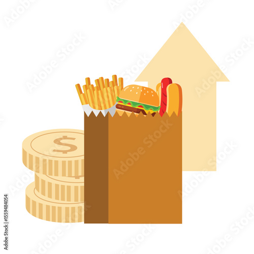 rising cost of fast food. inflation affecting the fast food industry. fast food price hike. up arrow and stack of coins signify price hike