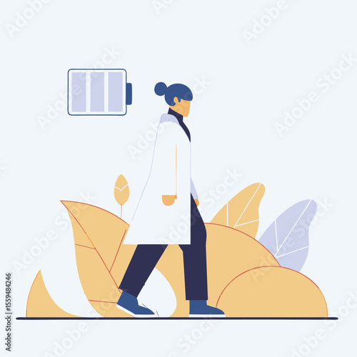 Scientist in lab coat walking with low battery symbol indicating low energy