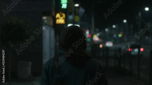 Wallpaper Mural Person Walking Alone at Night in Urban Street with Dim Lighting and City Lights Torontodigital.ca