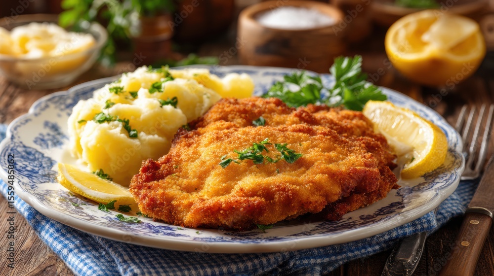Hearty breaded and fried fish fillet served with creamy mashed potatoes garnished with fresh herbs and lemon slices on a vintage plate for comfort food meal Hearty breaded and fried fish fillet served with creamy mashed potatoes garnished with fresh herbs and lemon slices on a vintage plate for comfort food meal