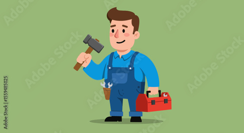 Cartoon handyman holds a hammer and toolbox on a green background