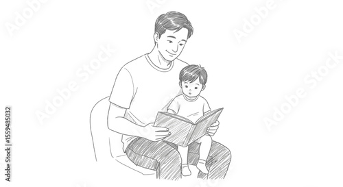 A father reads to his child who is seated on his lap from a book they both hold in their hands