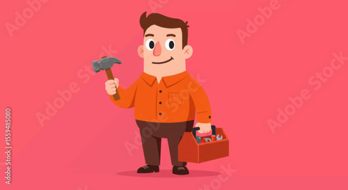 Cartoon man in orange shirt brown pants holding hammer  toolbox on pink background