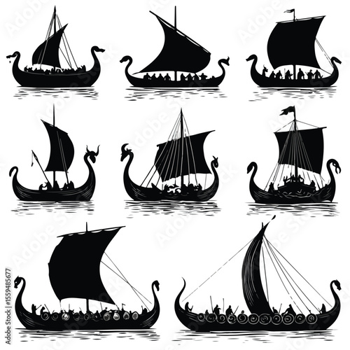 viking boat silhouette set, Black & White silhouette set