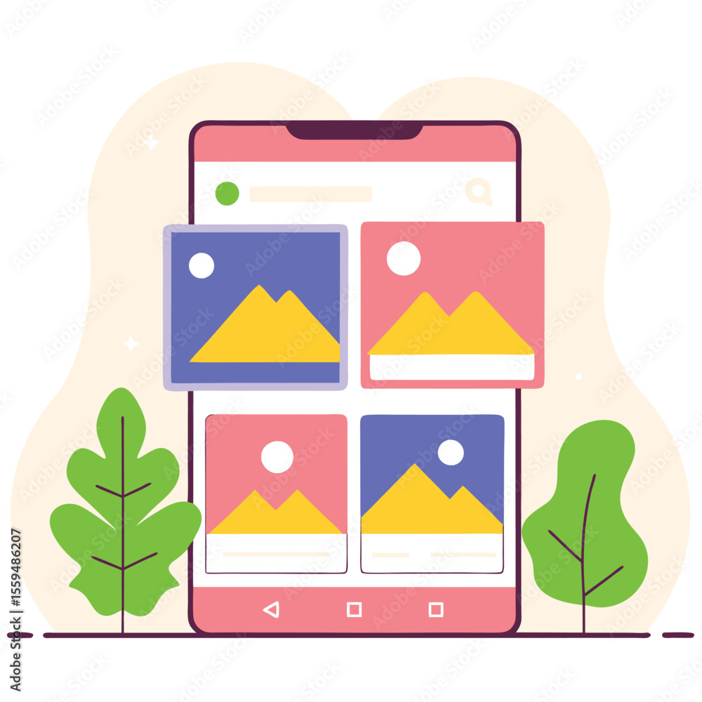 Modern smartphone displaying a gallery of landscape photos with decorative leaves Modern smartphone displaying a gallery of landscape photos with decorative leaves