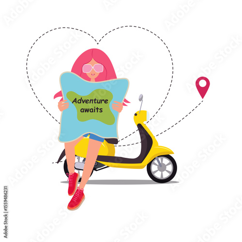 Young woman on a scooter holding a travel map, summer vacation illustration. 