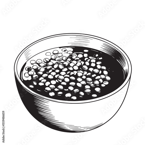 Vintage art silhouette of a bowl filled with dark liquid and white beans representing simple healthy food and delicious meals