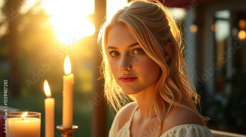 Beautiful woman blonde hair candle light portrait golden hour glow romantic evening soft focus serene mood