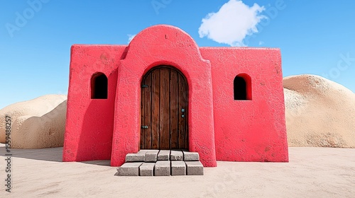 Bright Pink Desert House with Brown Wooden Door and Stone Steps