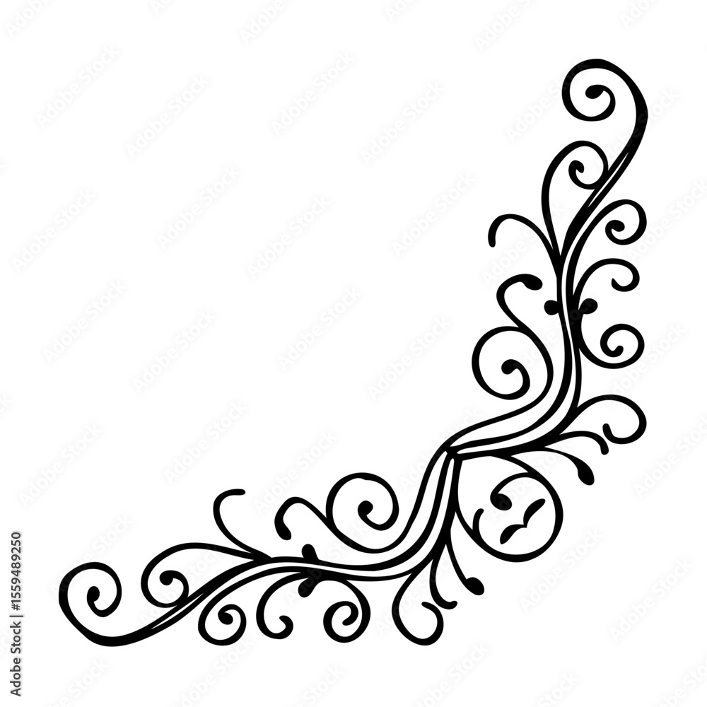 Fototapeta premium Black floral corner design with swirls and leaves on white background
