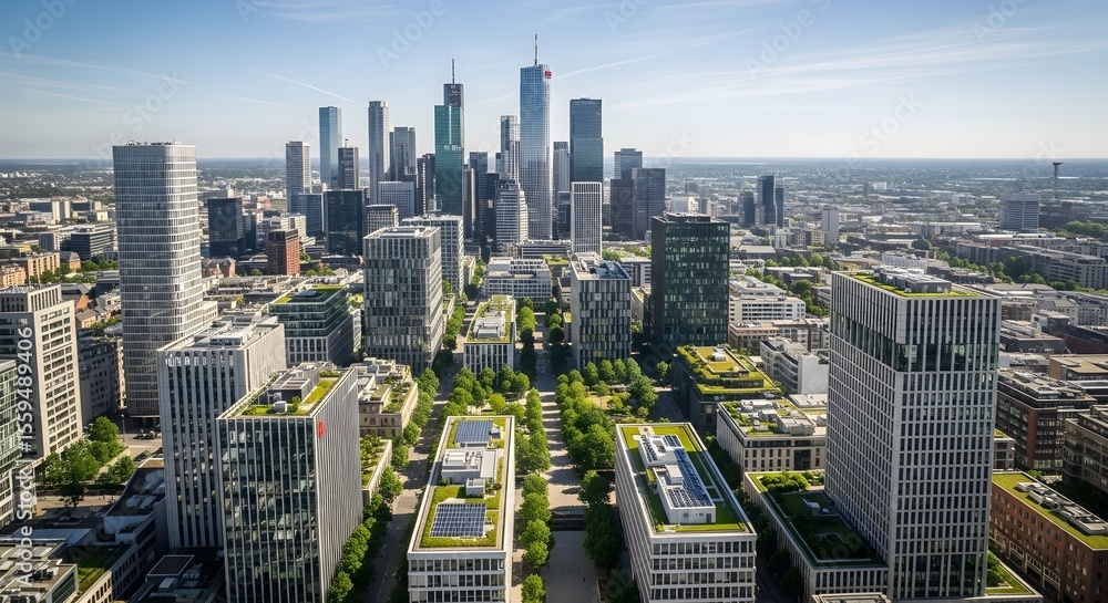 Fototapeta premium Frankfurt Skyline: Modern Architecture and Lush Green Spaces Aerial View