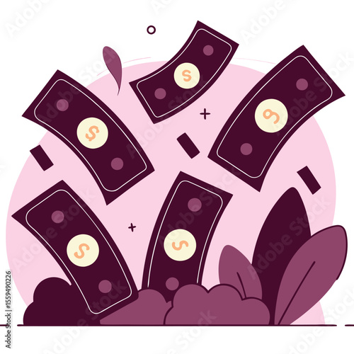 Stylized illustration of falling dollar bills with a circular abstract background and foliage