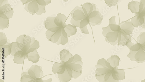 Floral seamless pattern features translucent hibiscus flowers in shades of gr...