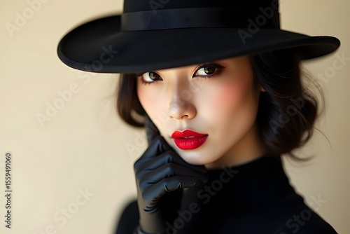 Woman Asia In Hat and Gloves, Fashion Model Beauty Portrait, Beautiful Girl Hidden Face, Red Lips