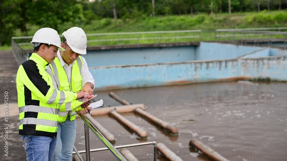 Wastewater treatment plant engineers are working together to inspect the wastewater treatment system for defects in order to improve the system. Wastewater treatment plant engineers are working together to inspect the wastewater treatment system for defects in order to improve the system.