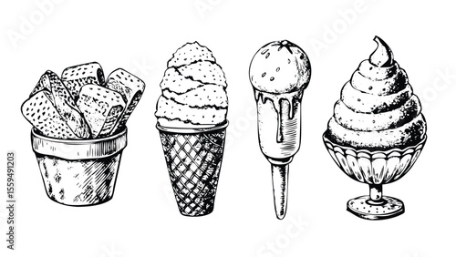 Ice Cream Desserts Vector Engraving Set. Detailed Monochrome Illustrations of Summer Food. Retro Stipple & Linework Style Symbols