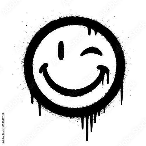 Grungy black spray paint winking smiley face emoji with drips
